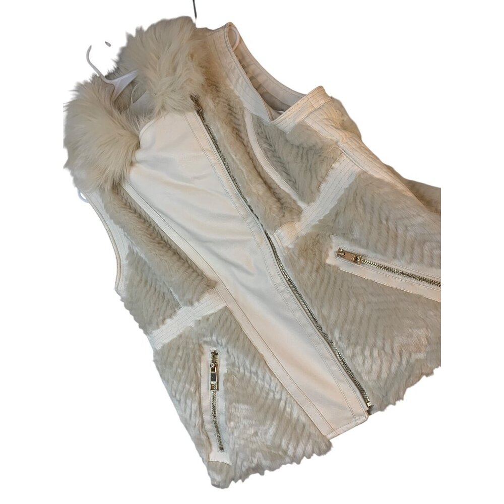 Guess Womens Cream Faux Fur & Leather Asymmetric Zip Vest XL 10009